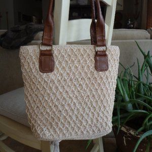 Handbag Double Handled Woven Ivory Tan